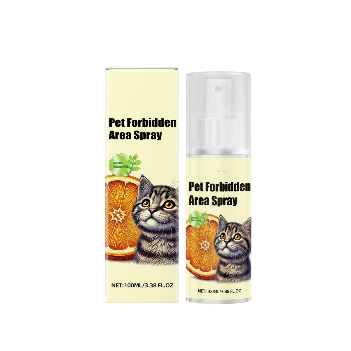Botella de Pet Forbidden Area Spray con etiqueta y mecanismo de pulverización, junto a un gato.