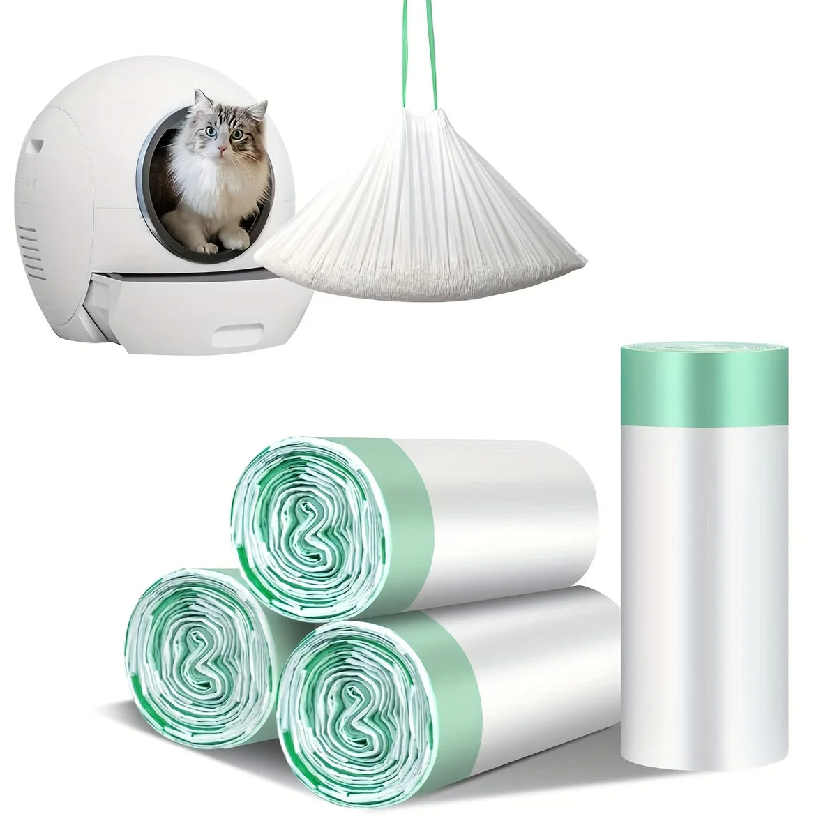Rolls of heavy-duty cat litter box liners with drawstring in silver and green.