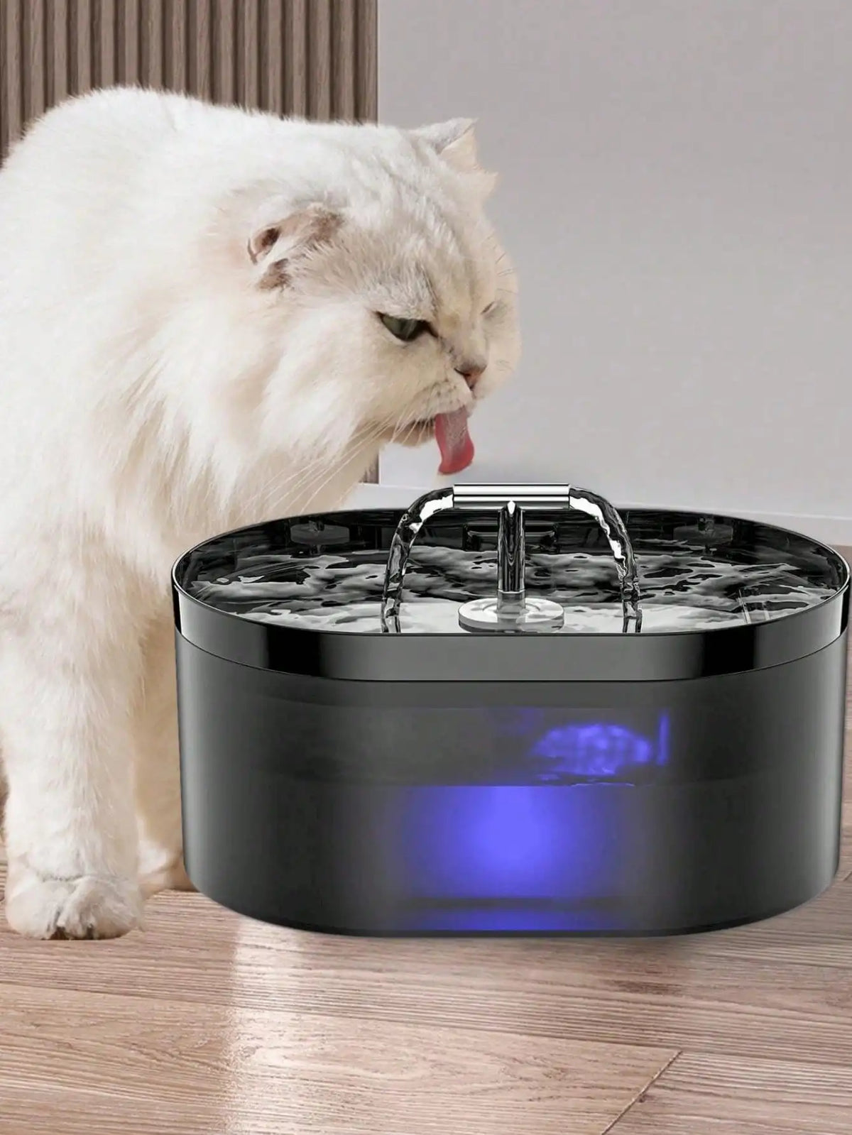 A white cat is looking at a black automatic cat water fountain with blue light glowing underneath.