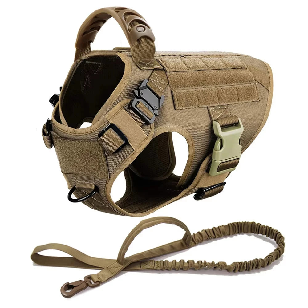 A tan tactical dog harness with a MOLLE system and leash attachments shown against a white background.