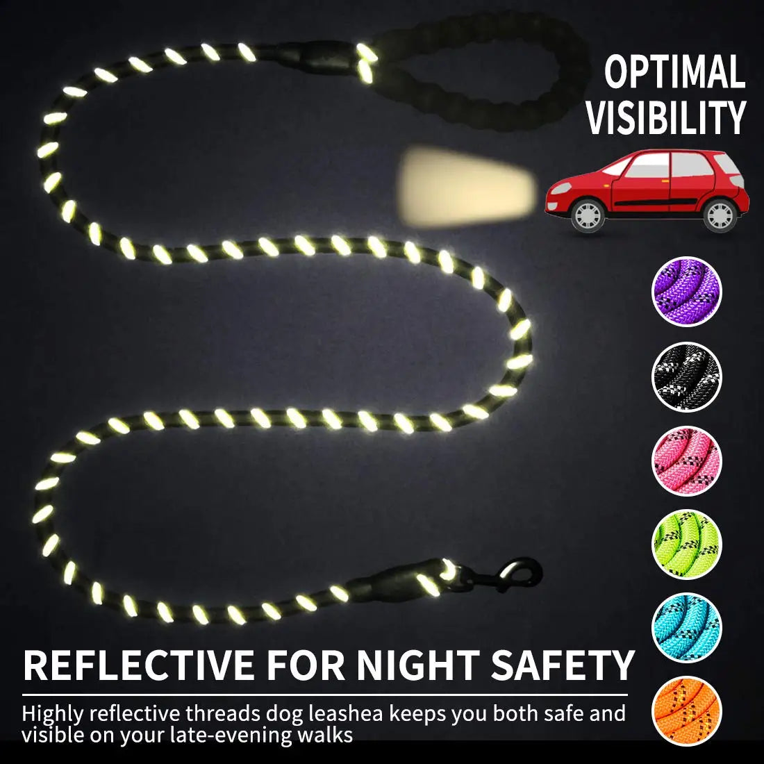 A flexible, bright LED light leash with reflective threads is shown next to a red car for optimal visibility and night safety