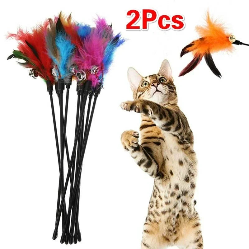 Two pairs of colorful feather wands with bells and a cat toy