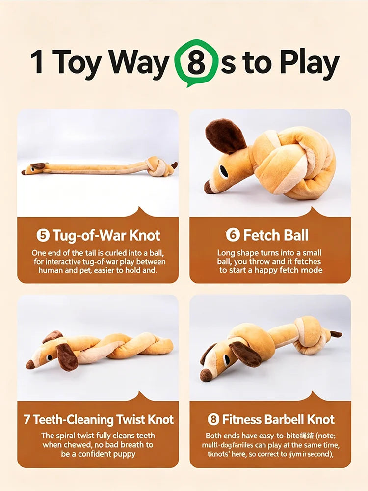 An infographic showing 8 ways to play with a toy dog plush, including Tug-of-War Knot, Fetch Ball, and Fitness Barbell Knot.