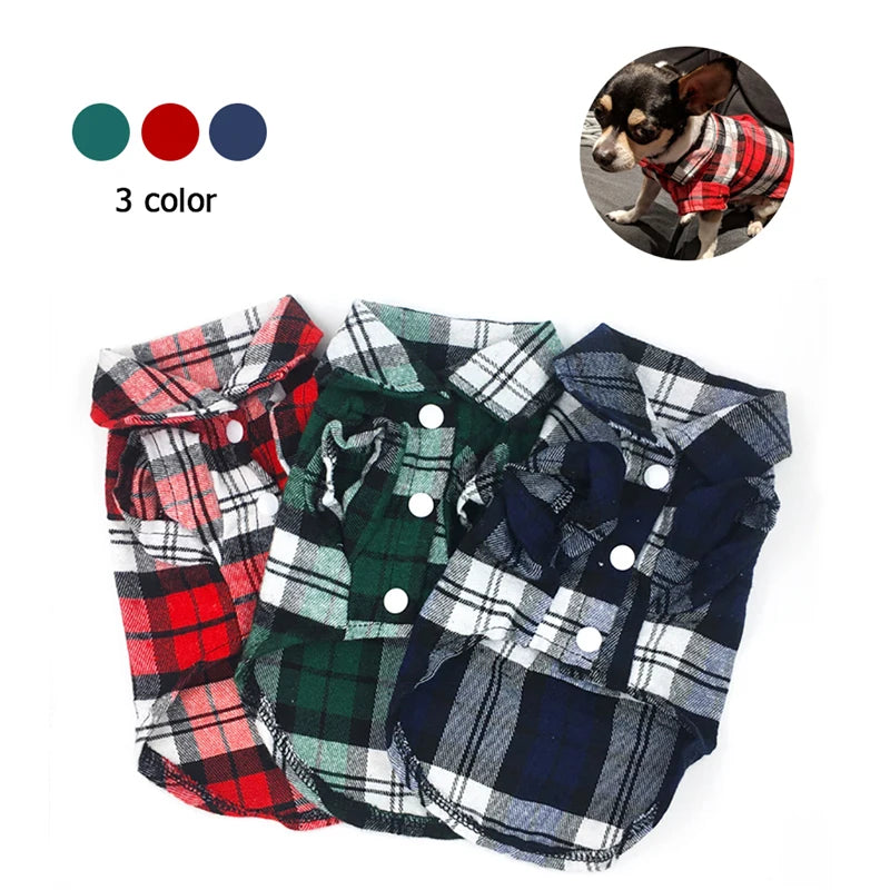 Three plaid dog vests in red, green, and blue colors displayed next to a dog.