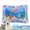 A clear sensory water play mat featuring colorful aquatic life for cats and dogs, with a gray dog and cat nearby.