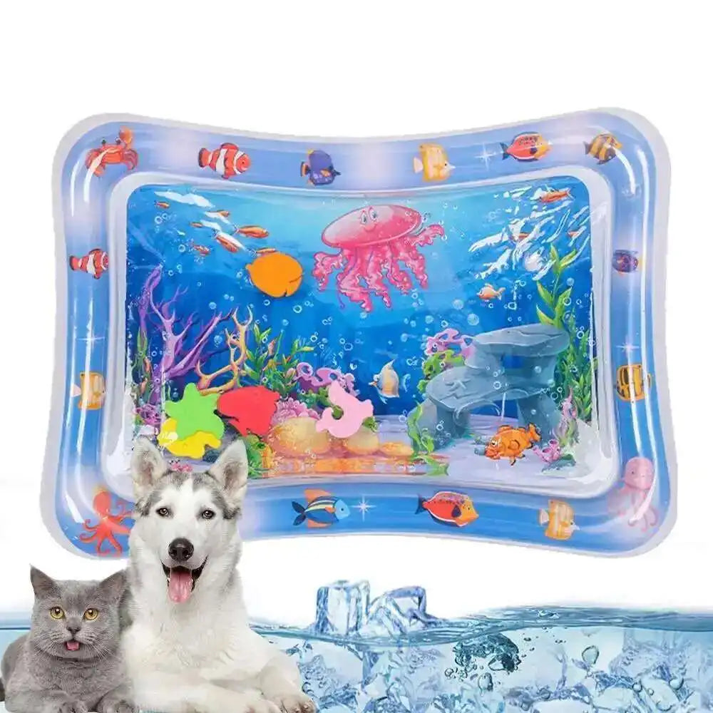 A clear sensory water play mat featuring colorful aquatic life for cats and dogs, with a gray dog and cat nearby.