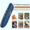 Hand-held ultrasonic anti-bark training device in blue with an LED indicator and various dog scenarios.