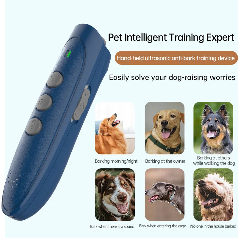 Hand-held ultrasonic anti-bark training device in blue with an LED indicator and various dog scenarios.