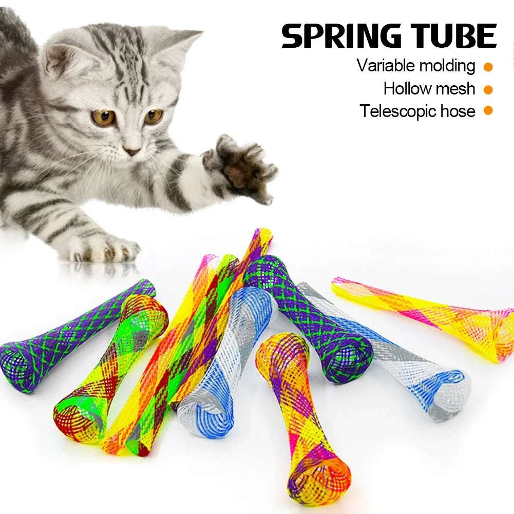 A set of ten colorful spring tubes and toys for cat play, including a kitten.