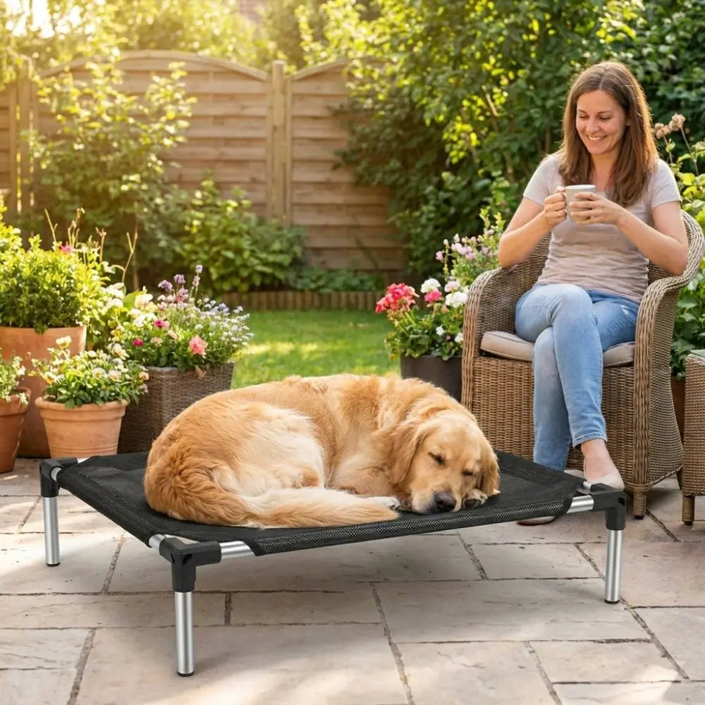 A golden retriever lies on an elevated mesh pet bed outdoors while a woman watches.