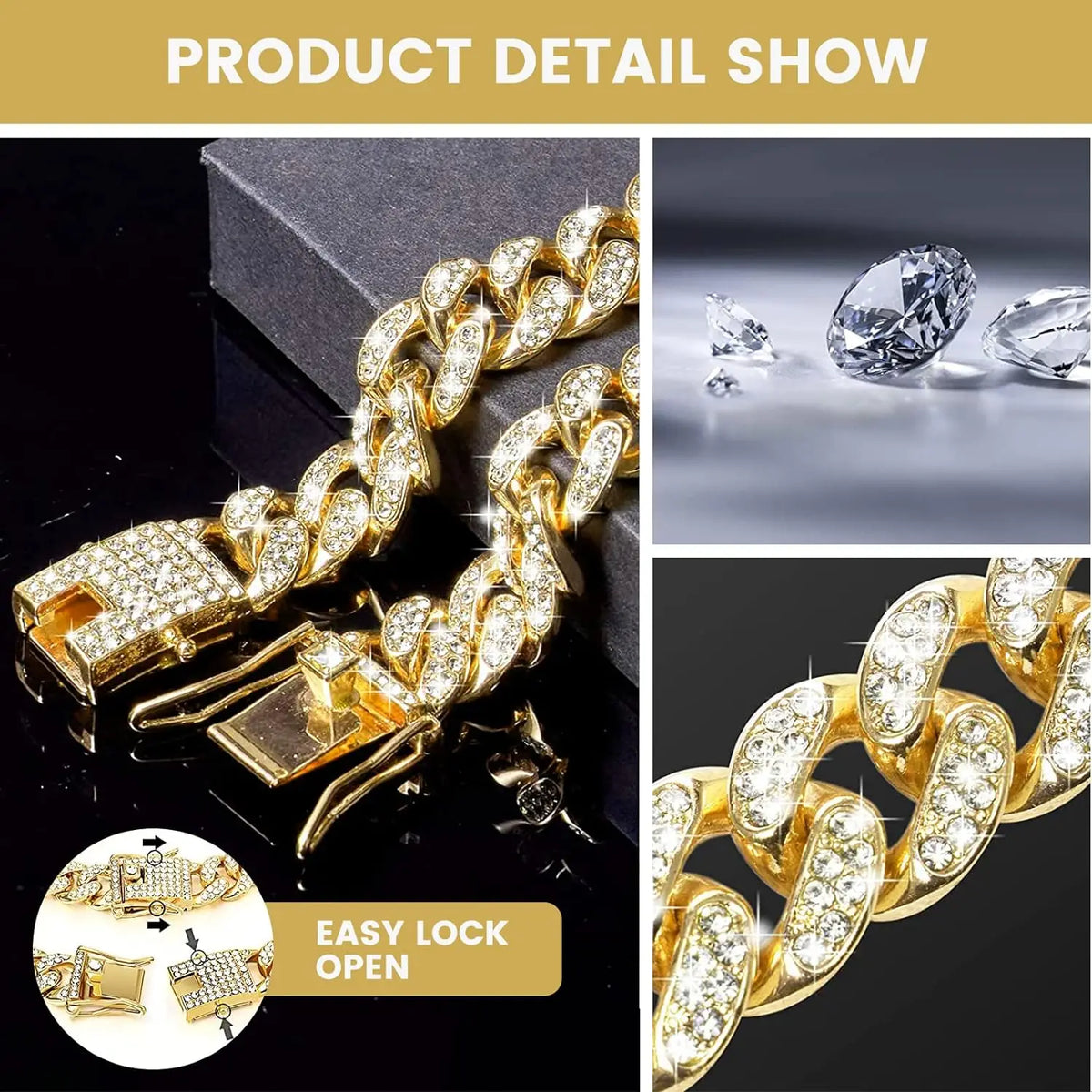 Goldene Metall-Kuban-Kette mit Diamantakzenten und einfachem Schloss-Öffnungsdesign für Haustiere.