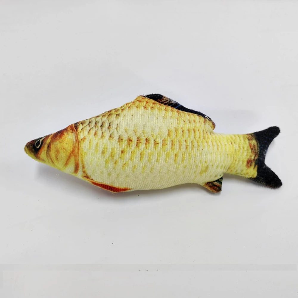A yellow and black fish-shaped interactive cat plush toy.