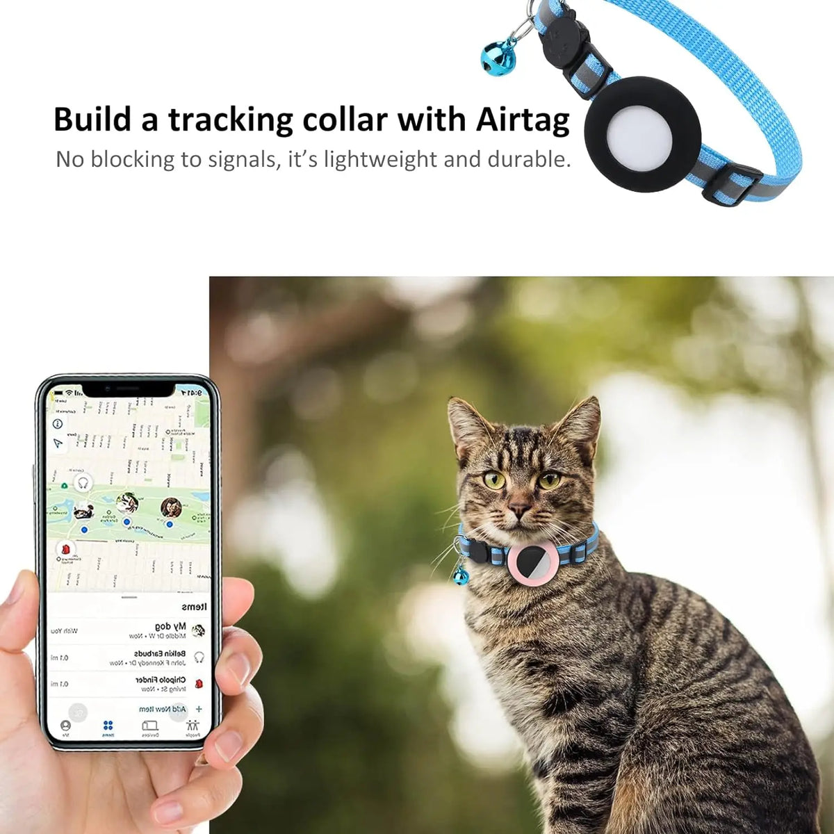 A tabby cat wearing a silicone AirTag collar holder is visible in an outdoor setting.