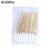A package containing 100 wooden and cotton swabs for pet ear cleaning.
