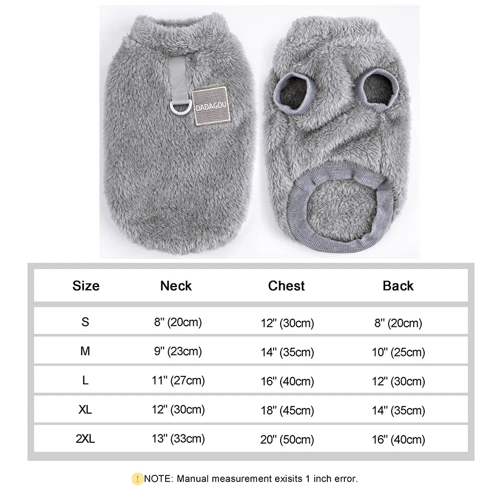 Chaleco de forro polar coral gris para mascota, disponible en tallas S a 2XL