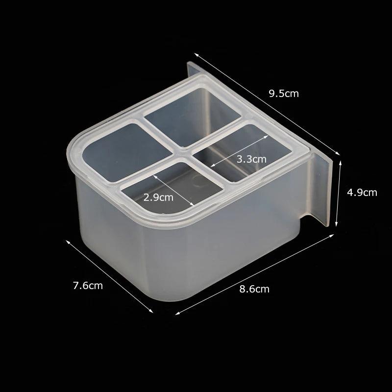 Clear plastic hanging bird feeder and waterer with a splash guard, shown from above.