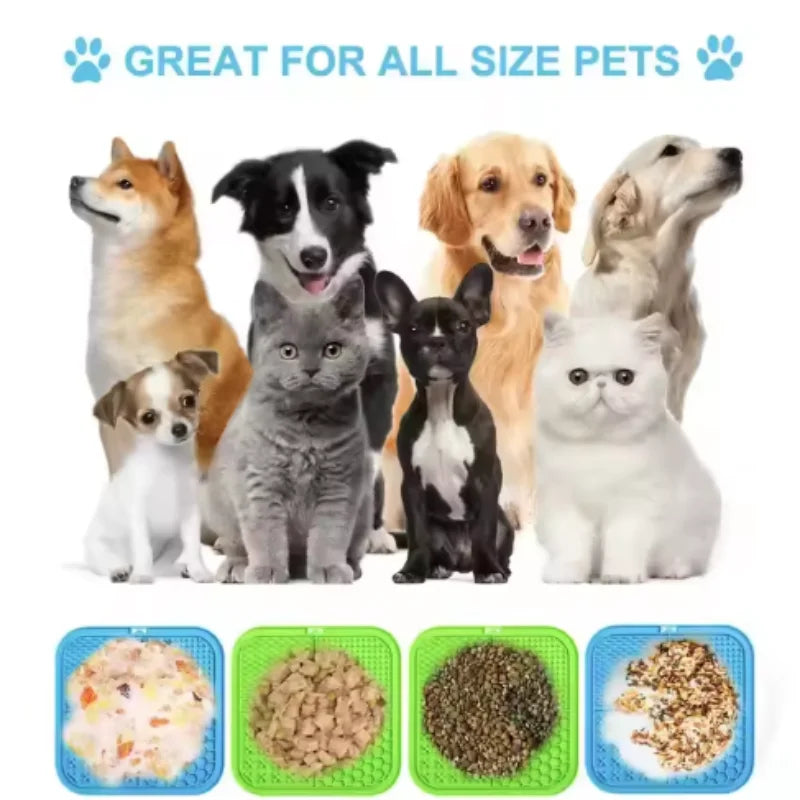 Eine Sammlung verschieden großer Hunde und Katzen, die eine Silikon-Lickmatte für Haustiere demonstrieren.