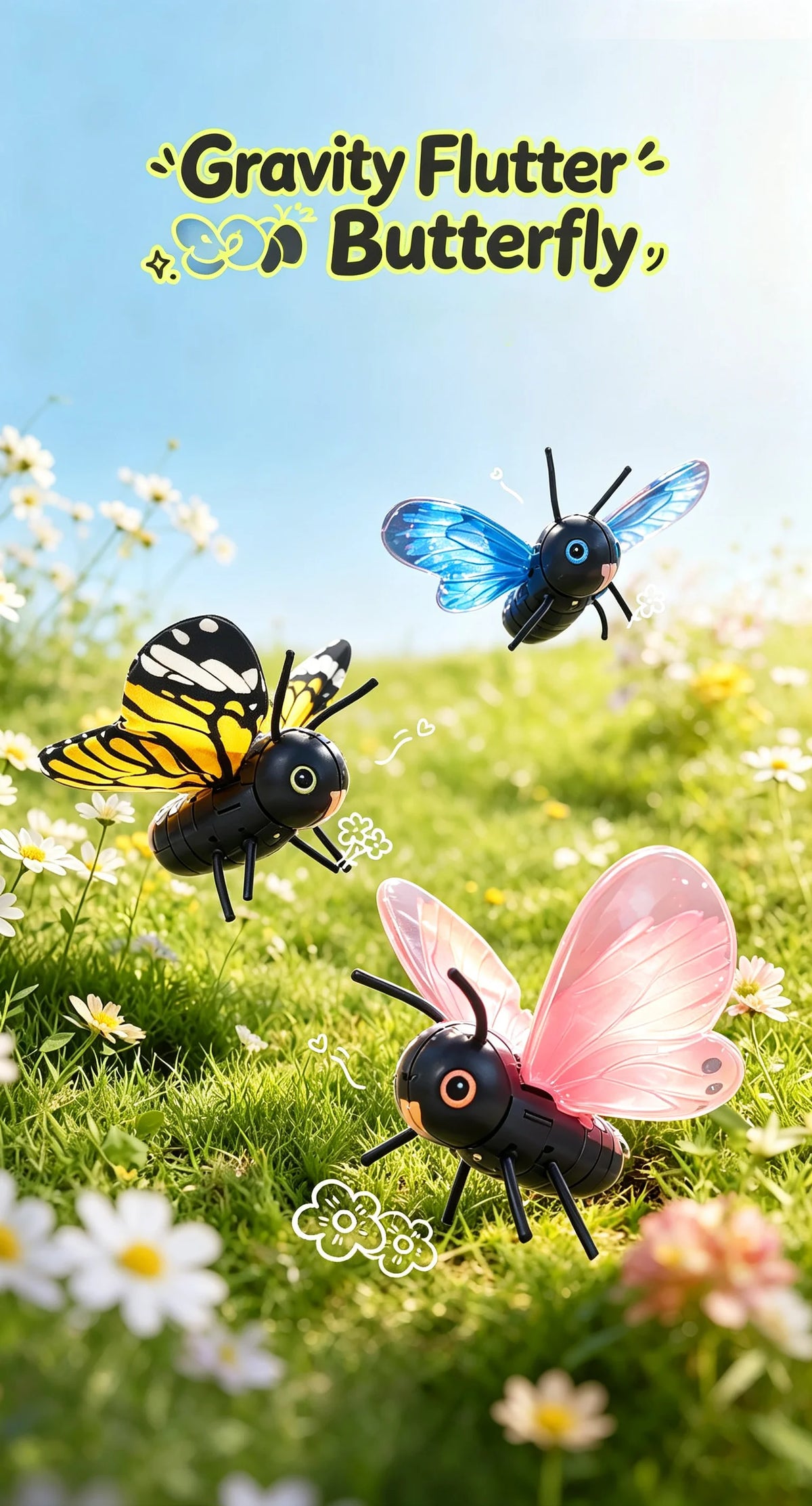 A black butterfly and a pink butterfly are shown flying over green grass with white flowers.