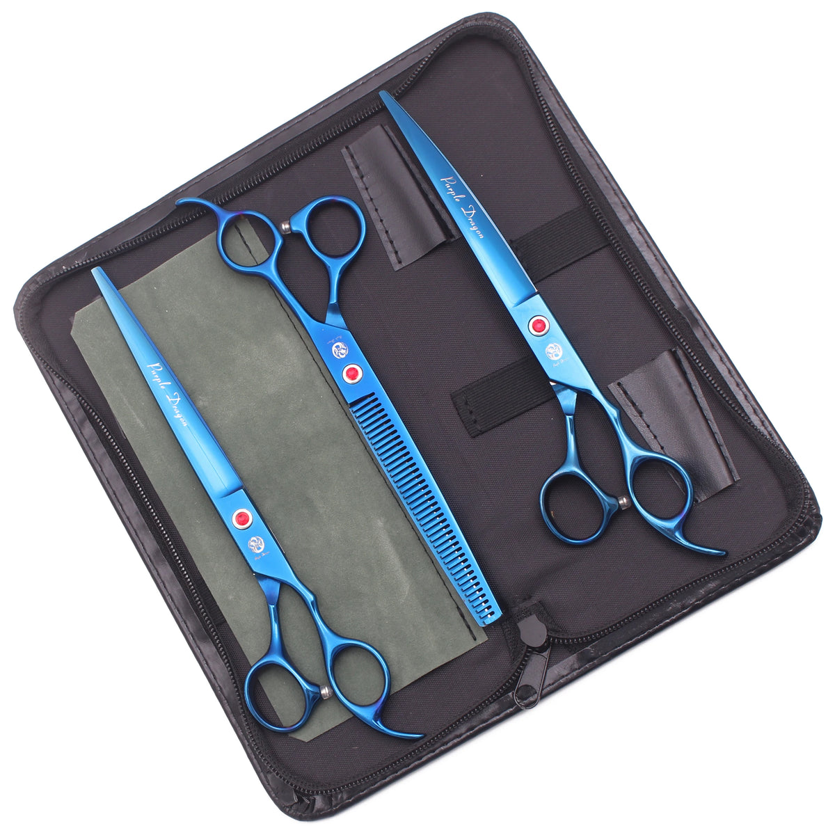 A pair of professional stainless steel pet grooming scissors displayed inside a black zippered case.