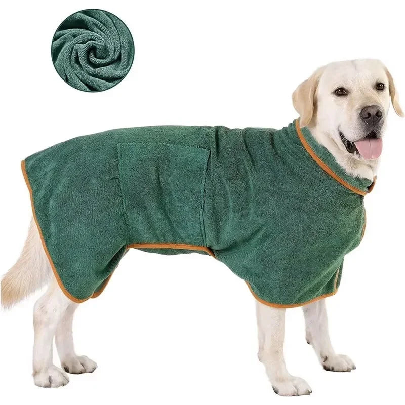 A green quick-dry absorbent pet bathrobe for a dog, shown lying down.