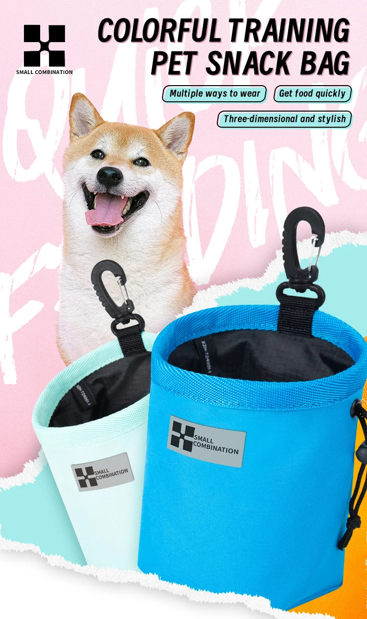 Una bolsa de premios para entrenamiento de perros azul brillante junto a una azul claro y un perro feliz.