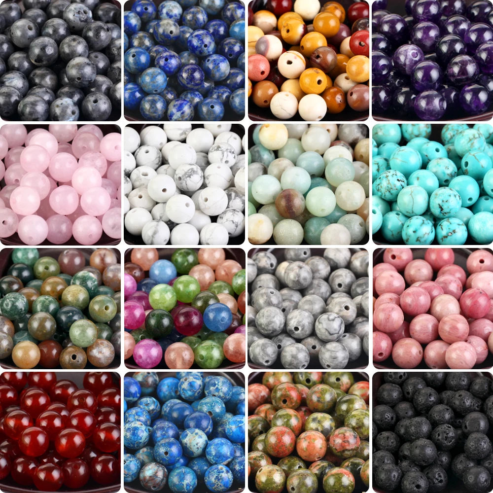A collection of natural stone beads in various colors and sizes for jewelry making.