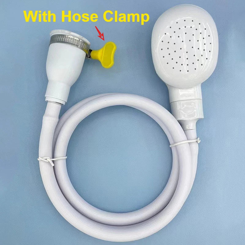 A white portable faucet sprayer with a long hose and a yellow hose clamp is shown against a light blue background.