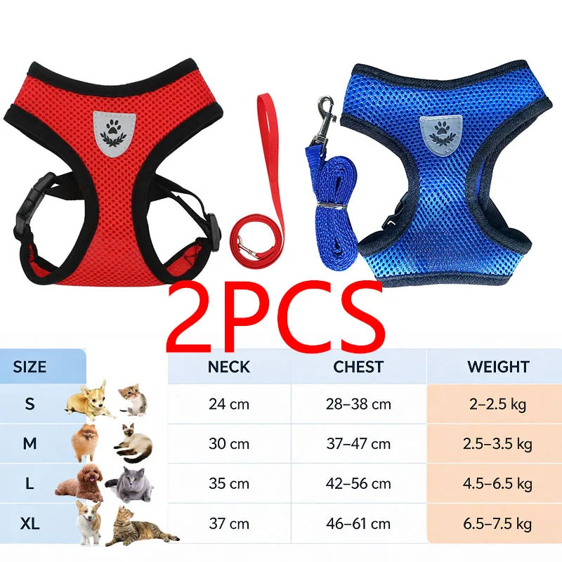 Two adjustable reflective harnesses for cats and small dogs in various sizes with included leashes