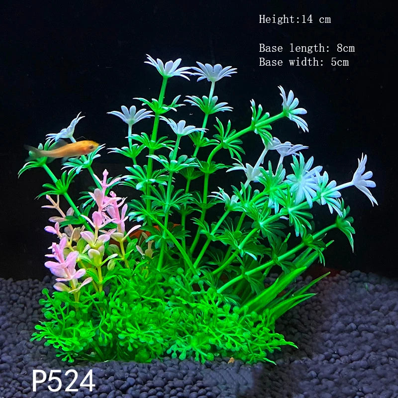 A vibrant artificial aquarium plant featuring green foliage and white and pink flowers, displayed in a small tank.