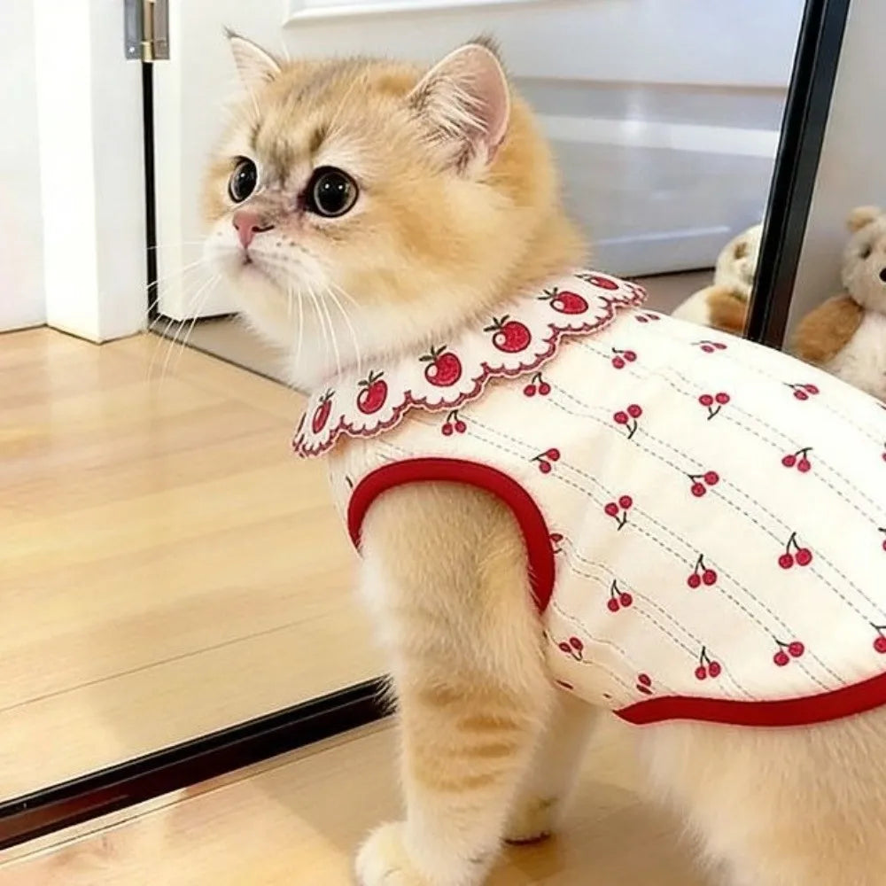 Ruffled Collar Cat Strawberry Vest with Cherry Pattern