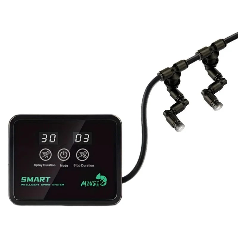 A black smart fogger device with a digital display showing 30 seconds and a power button, connected to a flexible hose.