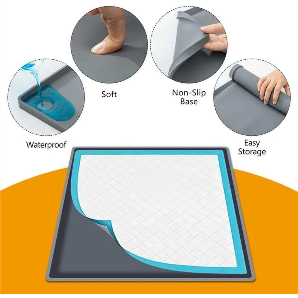 A silicone puppy pad holder with a splash guard shown alongside features like waterproof design, non-slip base, and easy stor