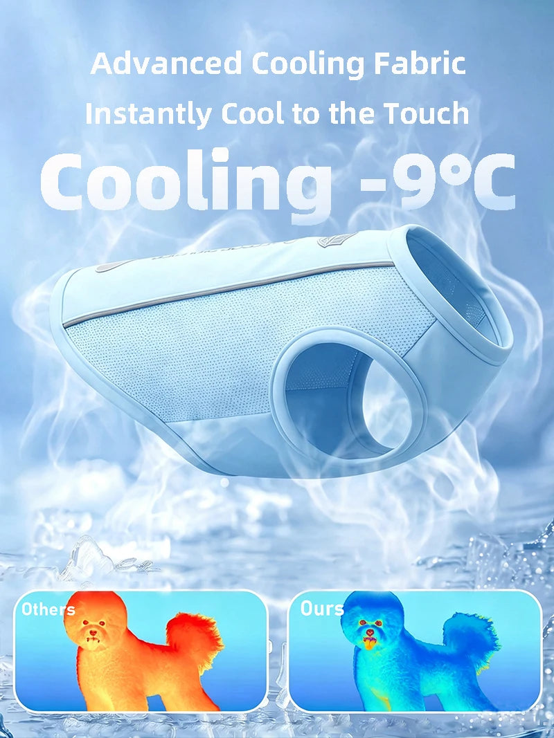 Light blue cooling fabric vest for dogs and cats with a sun protection cap shown against a misty background.