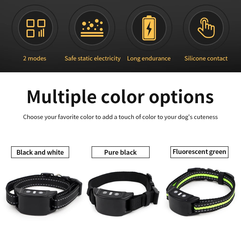 Three color options of an automatic anti-bark training device for dogs: black and white, pure black, and fluorescent green.