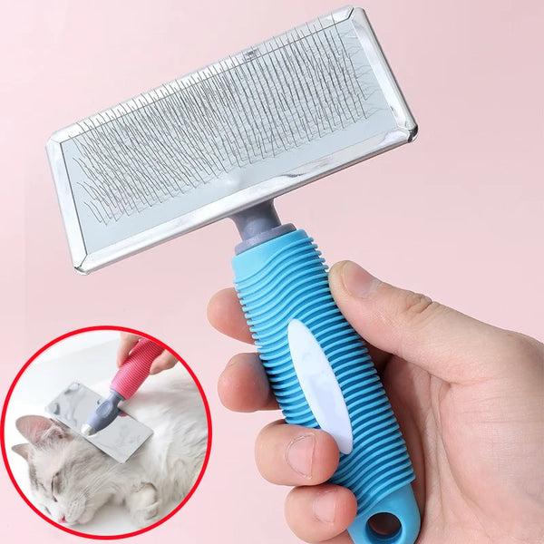 A hand holds a blue silicone cat comb with stainless steel pins, shown next to an inset of it being used on a cat.