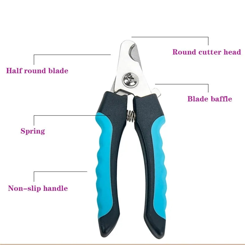 A pair of stainless steel pet nail clippers with a round cutter head, blade baffle, and non-slip handle.