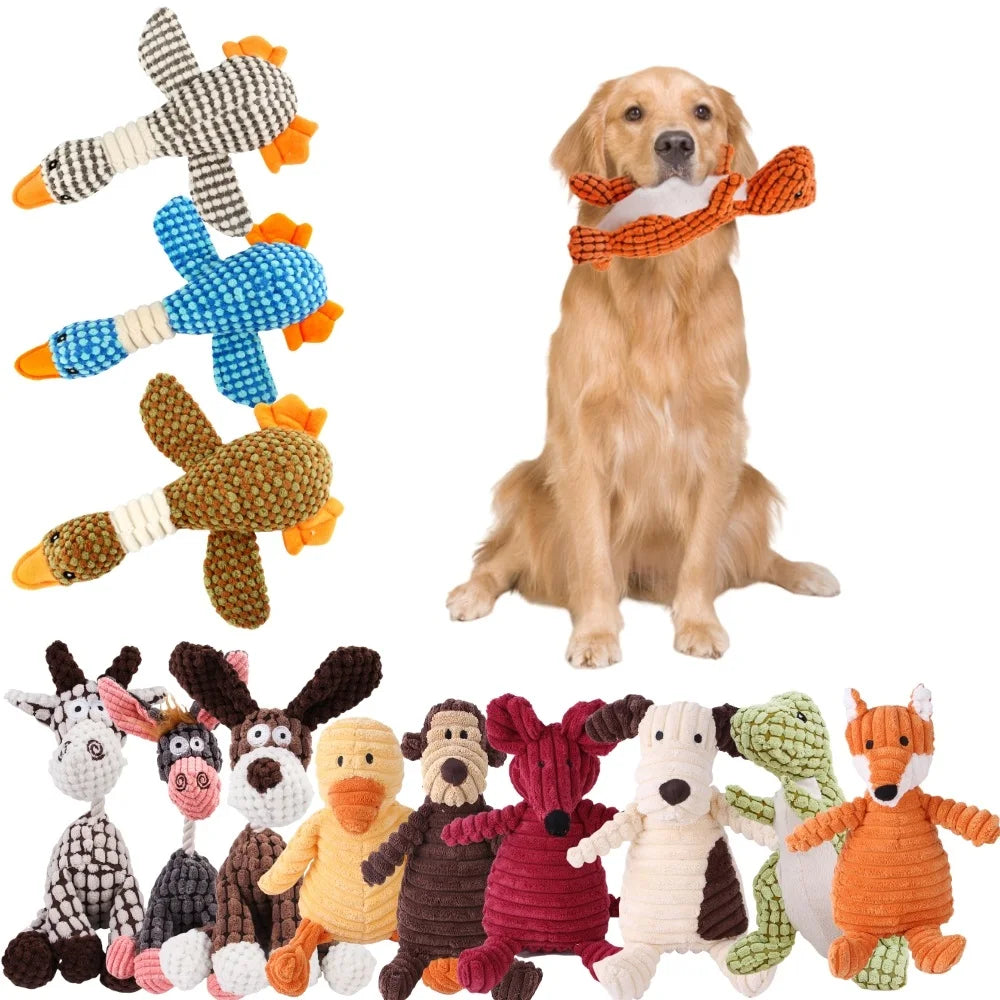 A collection of various animal-shaped squeaky dog toys made with corduroy fabric.