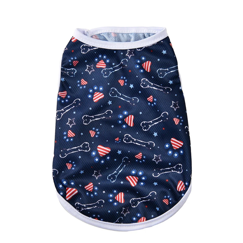 Navy blue dog vest patterned with red, white, and blue stars and bones for Independence Day.