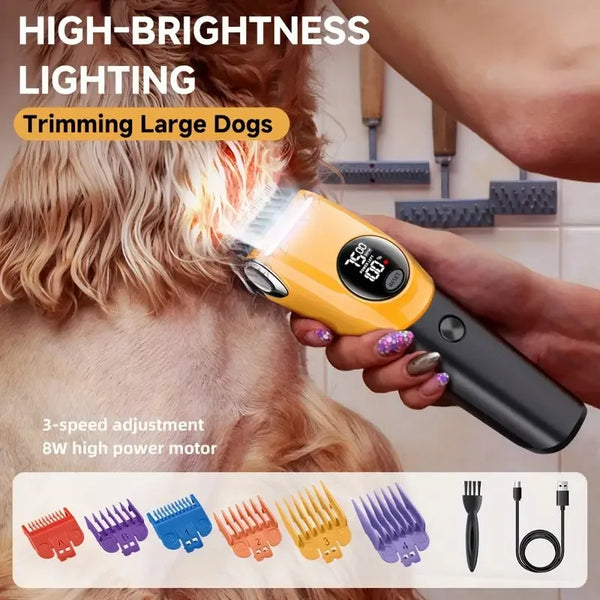 A hand is using a yellow pet hair trimmer to trim the fur on a dog's head.
