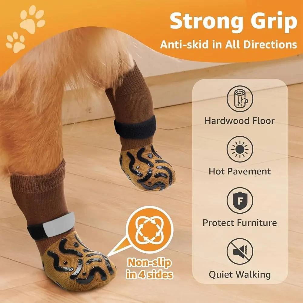 A close-up of a pet's paw wearing anti-slip socks designed for strong grip and protection on various surfaces.
