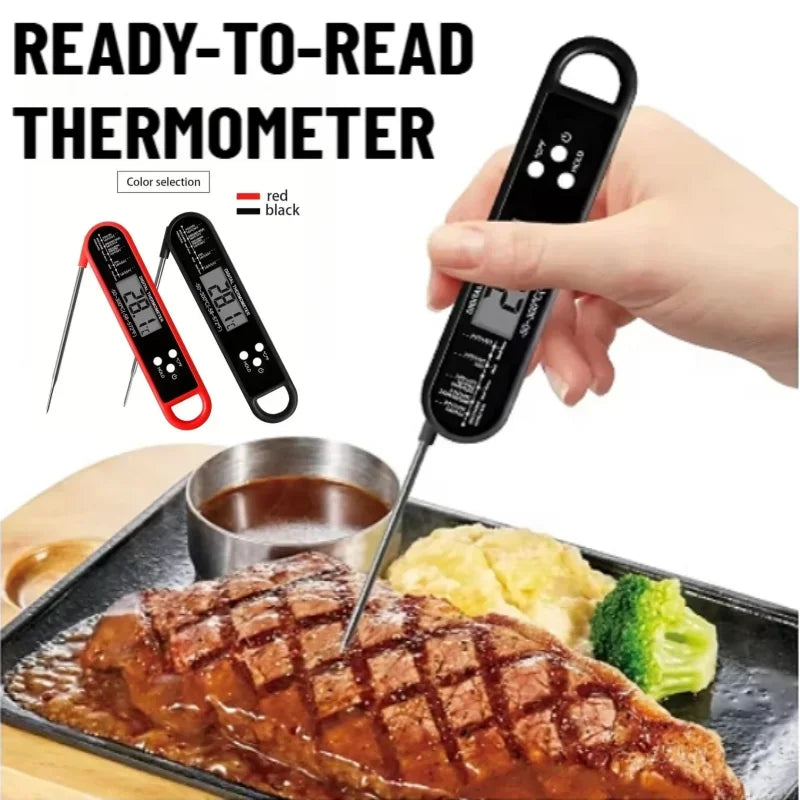 A hand holds a ready-to-read digital meat thermometer measuring a steak on a grill pan.