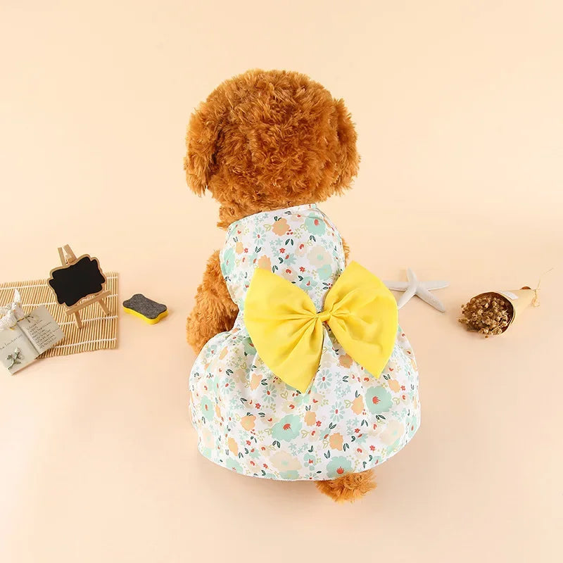 Princess-Style Summer Dog Dress with Bow for Small Breeds