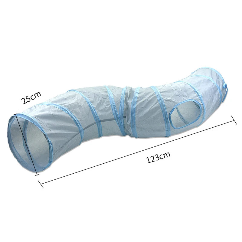 Light blue foldable cat tunnel with multiple peep holes shown lying on its side.