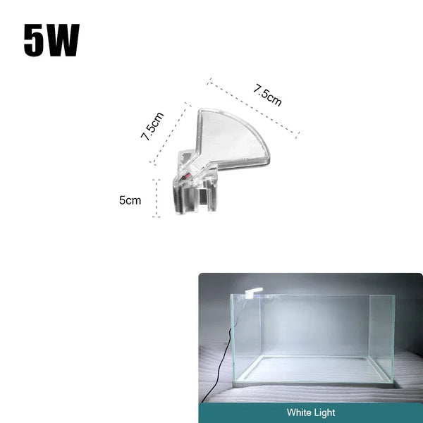 A clear, slim clip-on LED aquarium light with dimensions of 5W and various measurements shown.