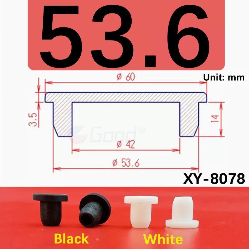 Black and white silicone rubber hole plugs shown next to a measurement diagram for XY-8078