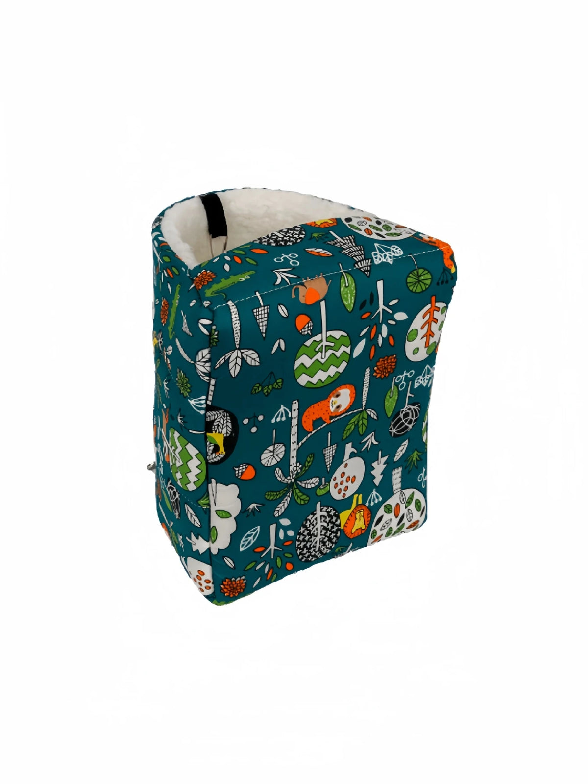A teal patterned cozy bird nest hammock with a fluffy lining for small pets.