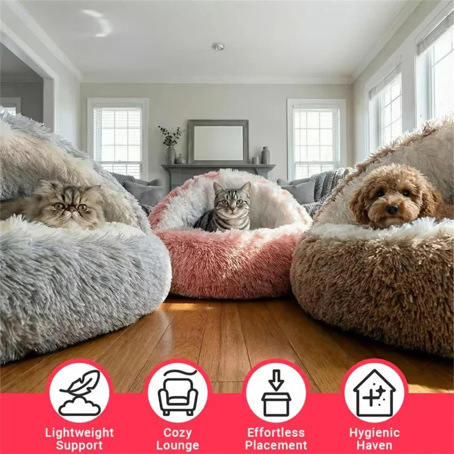 Plush pet bed nest for cats and dogs with lightweight support, cozy lounge, effortless placement, and hygienic haven.
