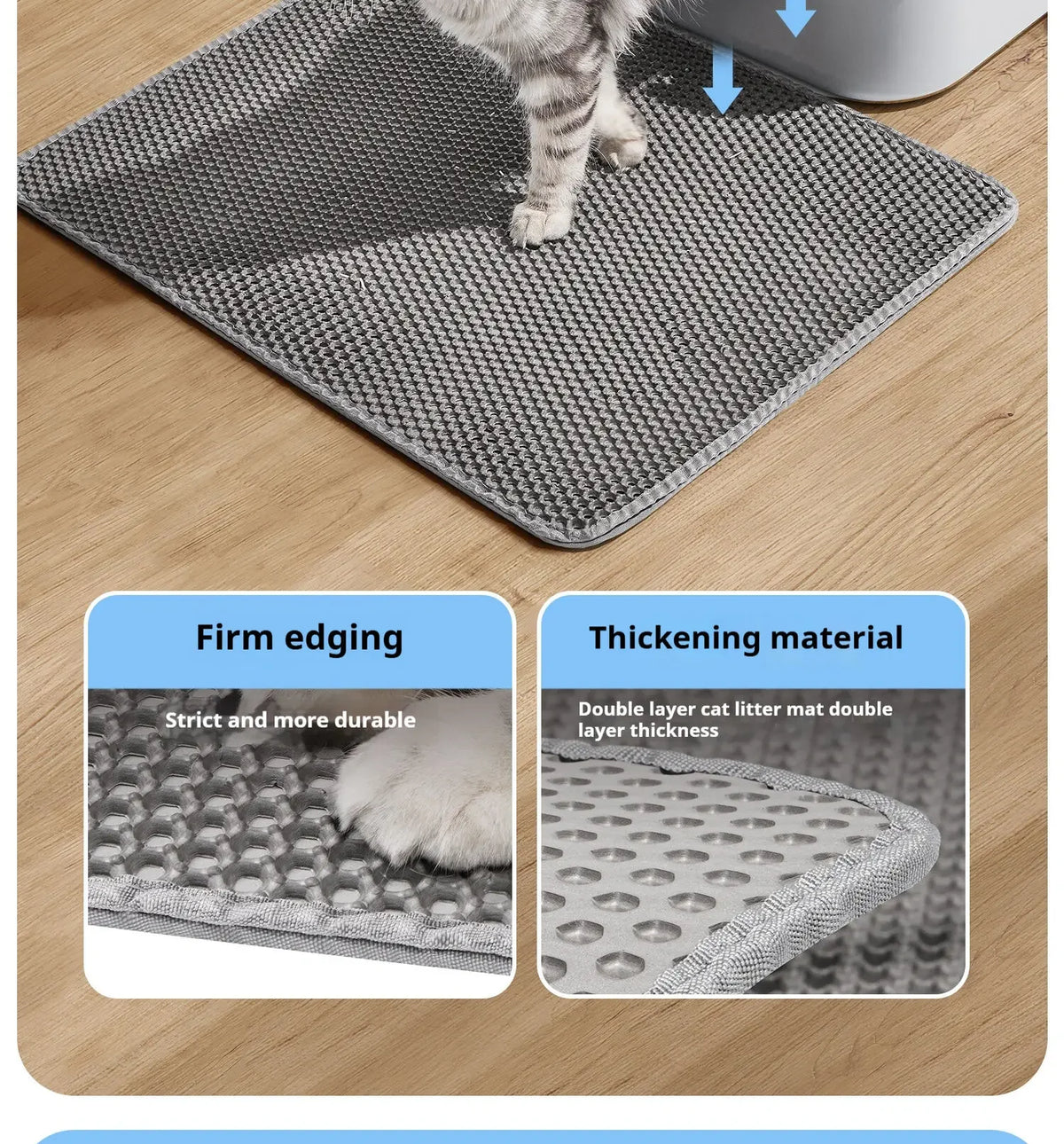Graue doppelschichtige Katzenstreumatte mit festem Rand und verdicktem Material auf einem Holzfußboden.