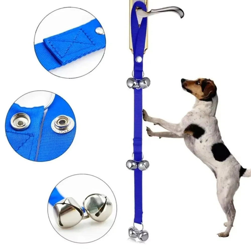 Adjustable dog doorbell for potty training featuring a durable metal bell and blue strap.