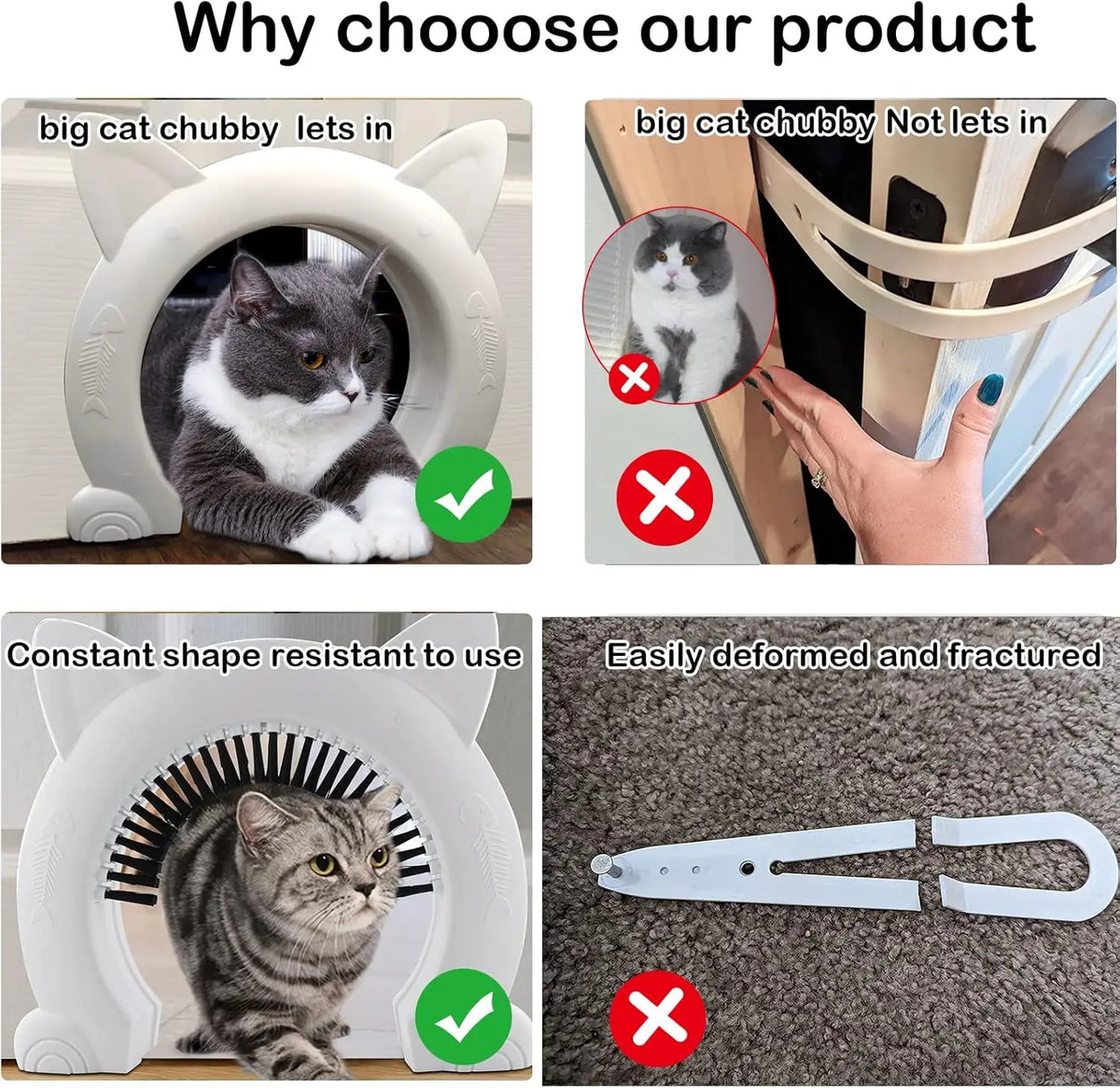Comparison showing a cat using and not using an easy-install interior cat door, highlighting its shape resistance and durabil